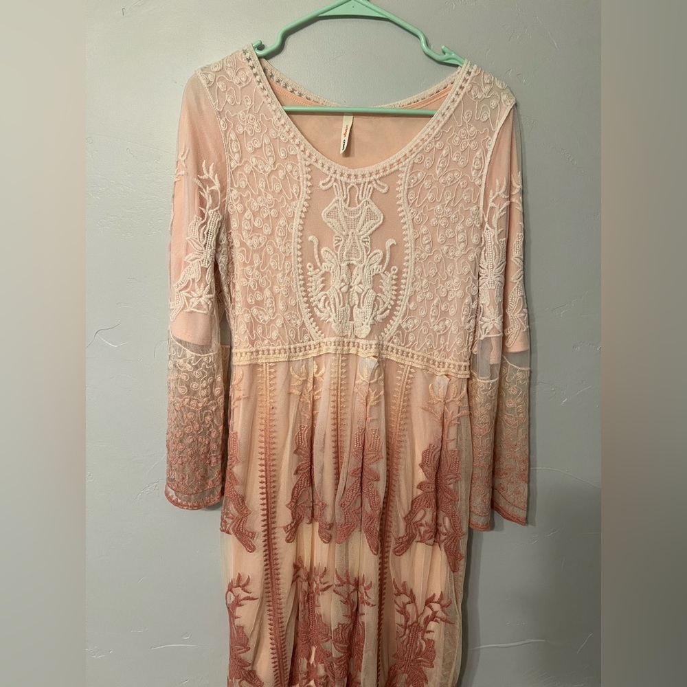 Bohemian embroidered blush pink ombré dress with bell sleeves